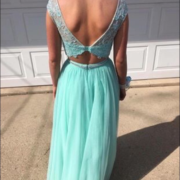 mint green 2 piece prom dress Mac Duggal High Neck Chiffon Tiered Gown main image 1